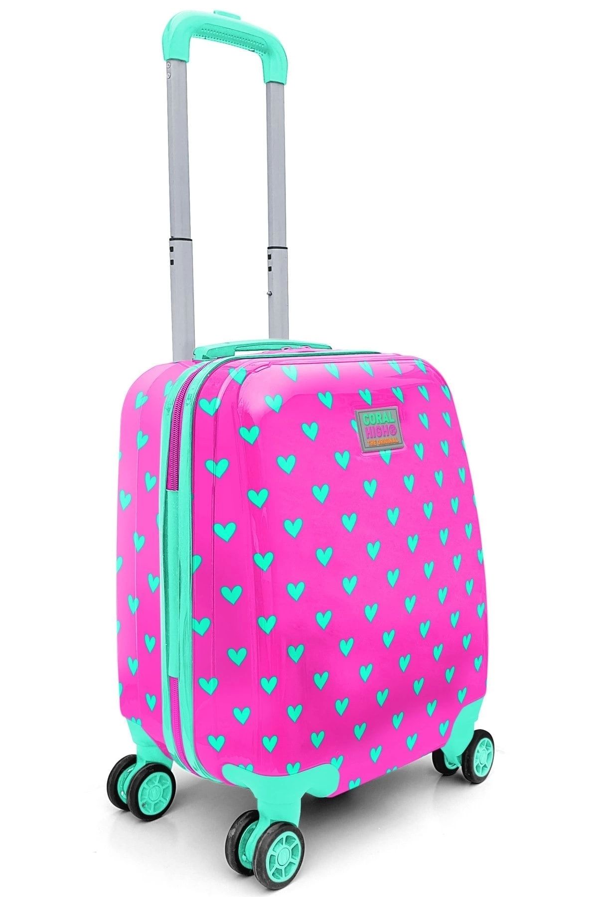 Coral High-Kids Neon Pink Water Green Heart Patterned Children's Suitcase 16715 4
