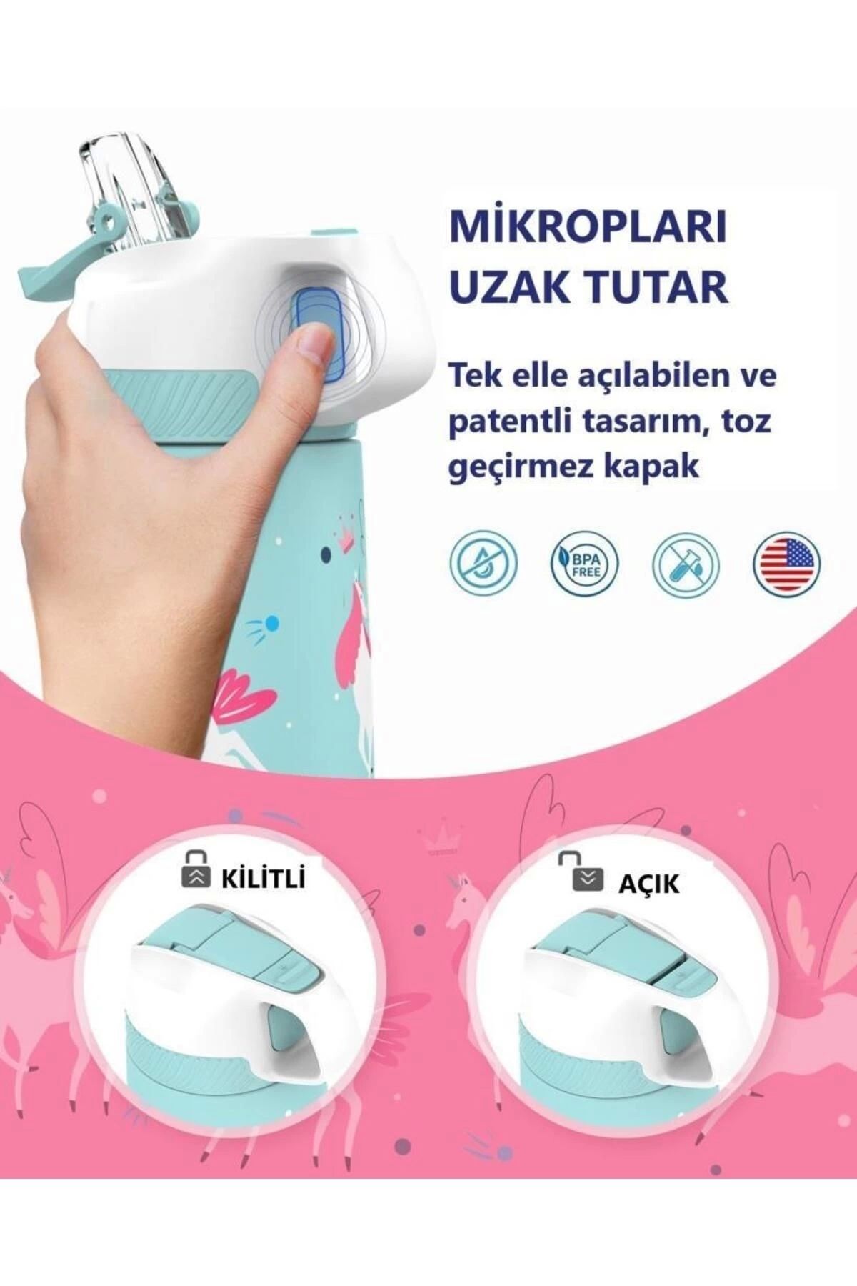 قمقمه کمپ آبی دخترانه و پسرانه بچگانه ان فولادی Pipetan Children Thermos Matara 350ml Unicorn فیروزه ای Vagonlife