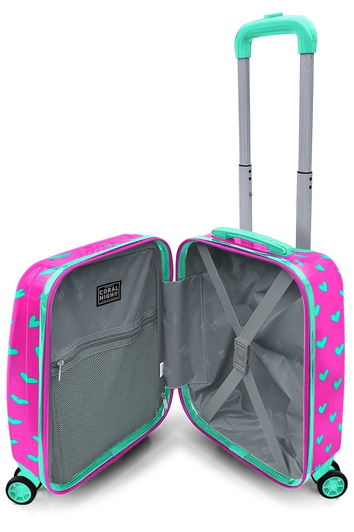 Coral High-Kids Neon Pink Water Green Heart Patterned Children's Suitcase 16715 6