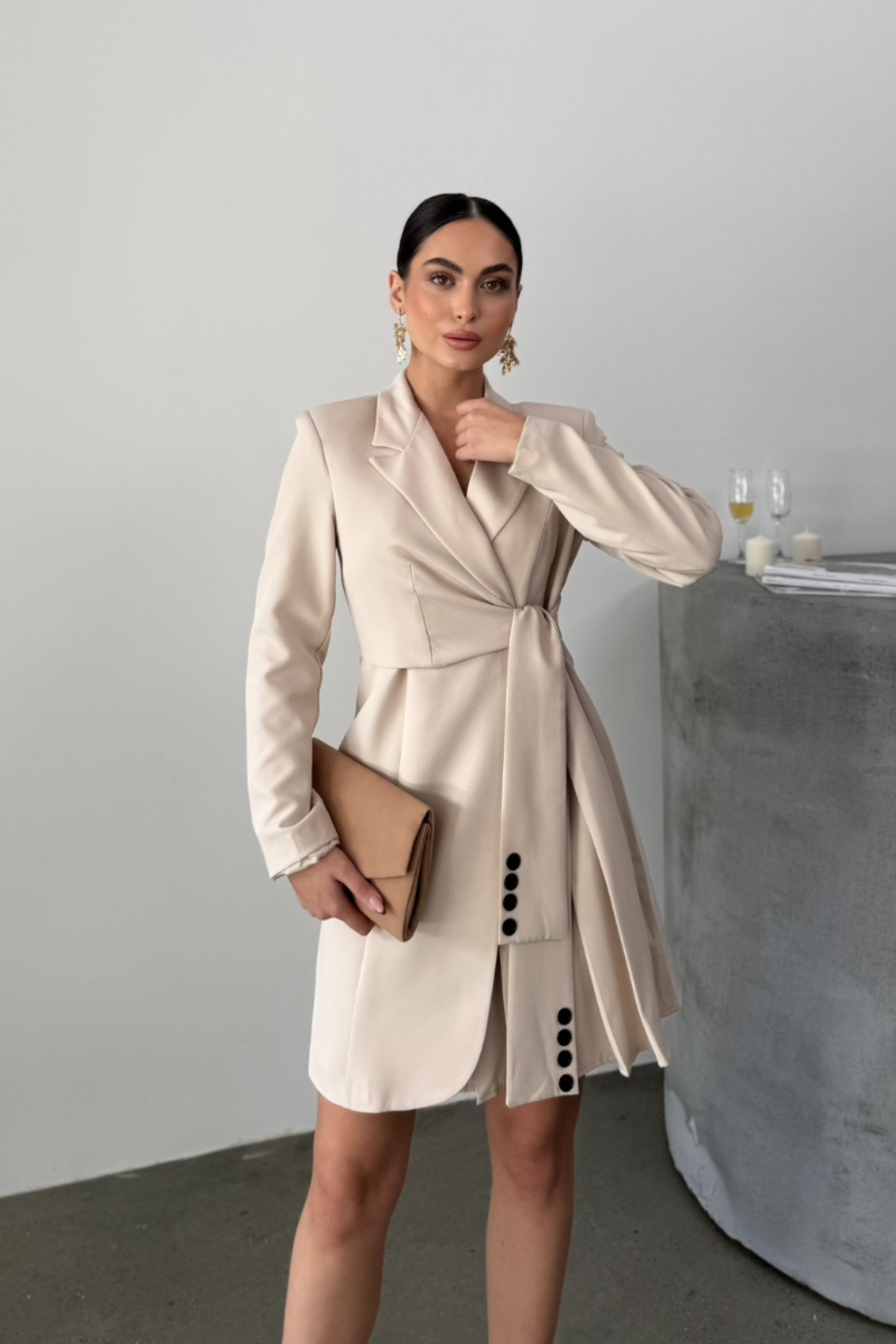 Robe Femme Mini Chic Manches Longues Ceinturée Croisée Plissée Veste Robe - Görsel 5