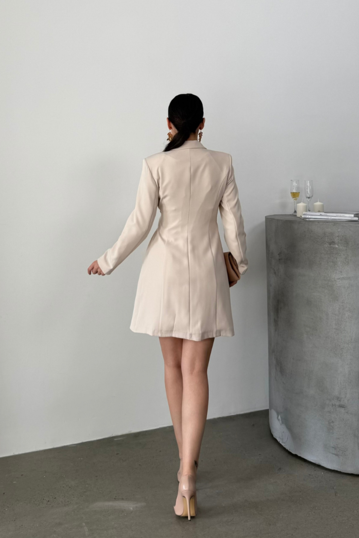 Robe Femme Mini Chic Manches Longues Ceinturée Croisée Plissée Veste Robe - Görsel 8