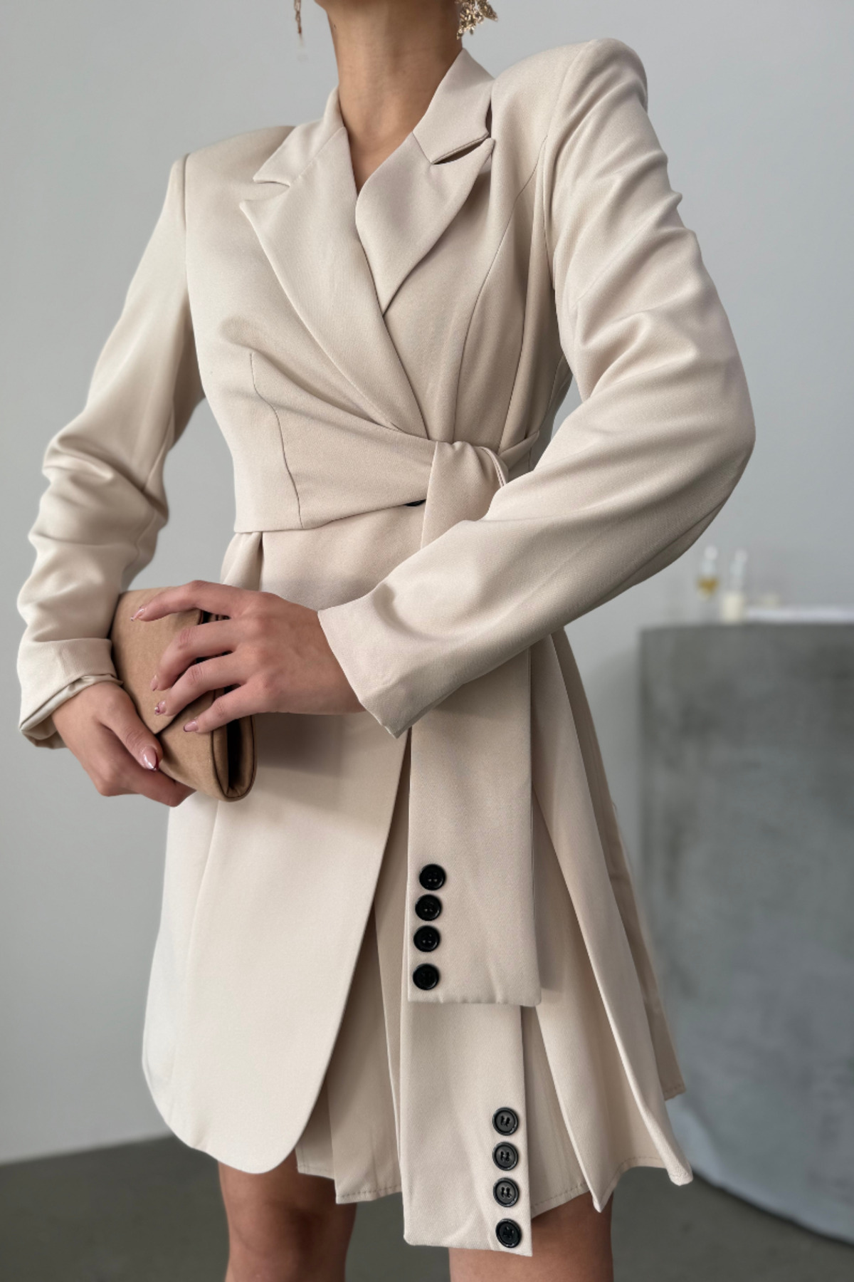 Robe Femme Mini Chic Manches Longues Ceinturée Croisée Plissée Veste Robe - Görsel 6