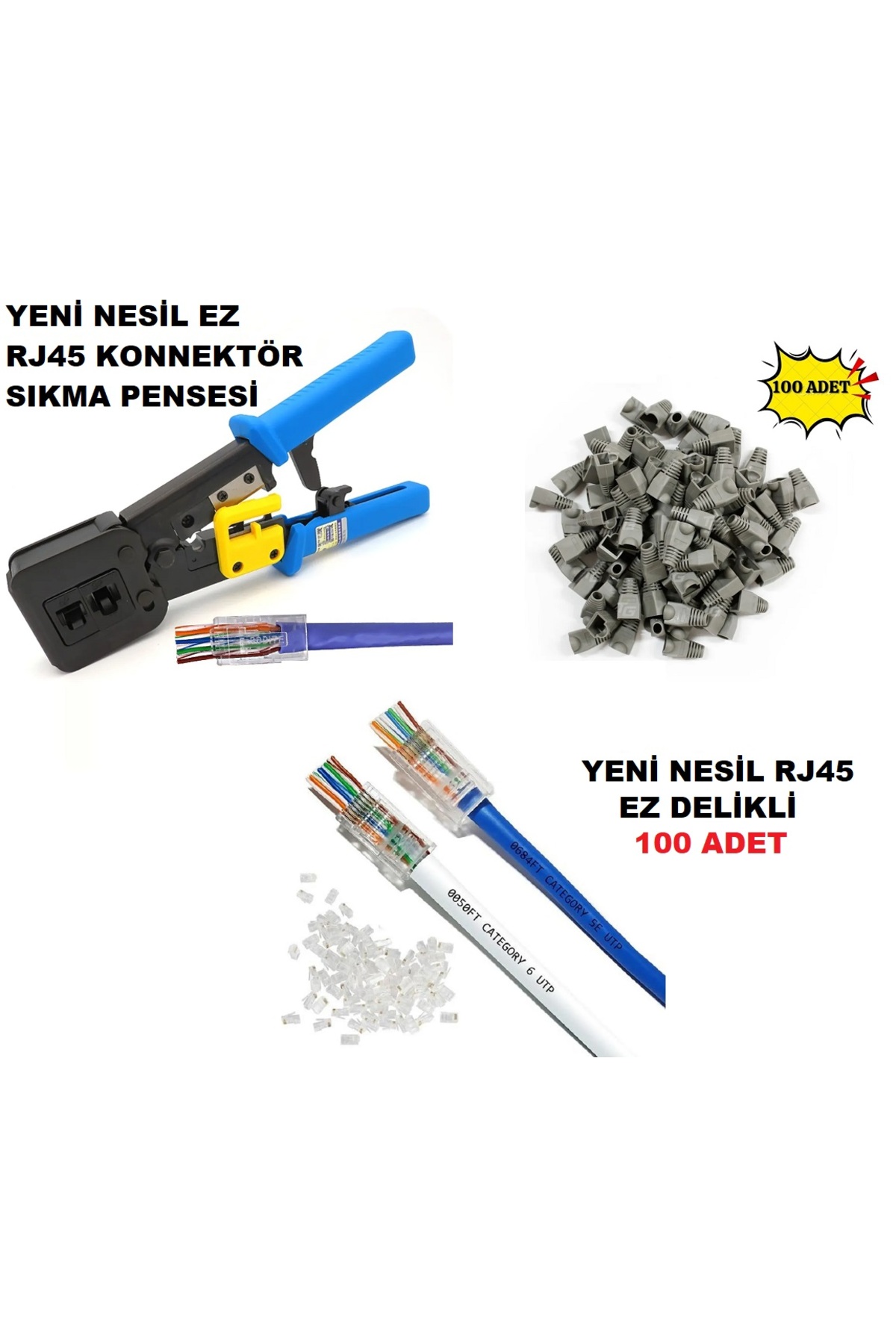 Yeni Nesil EZ RJ45 RJ11 Cat5 Cat6 Konnektör Pensesi + Yeni Nesil Rj45 100'lü+ Jak 100'lü Cover Kılıf