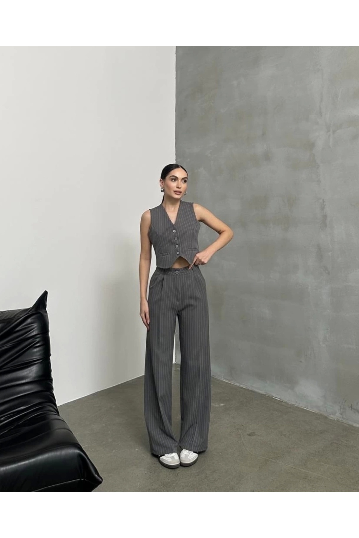 Asfa Moda-Women's Anthracite Striped Sleeveless Vest Palazzo Pants Double Set 2