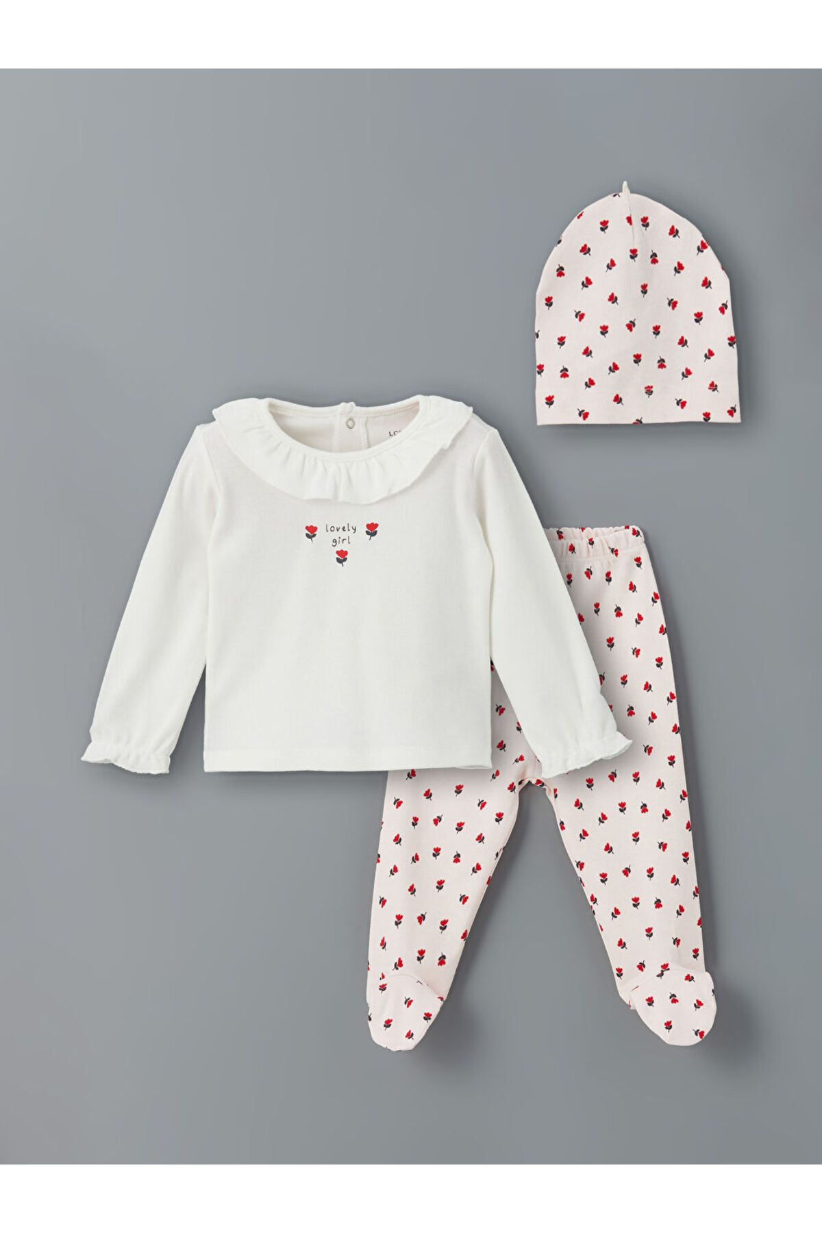 LC Waikiki LCW baby Ekru Bisiklet Yaka Çiçekli Kız Bebek Hastane Çıkış Seti