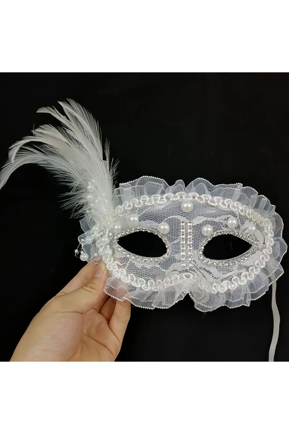 ReilaToys-17x12 cm White Pearl Embroidered Jewelled Lace Party Mask 4
