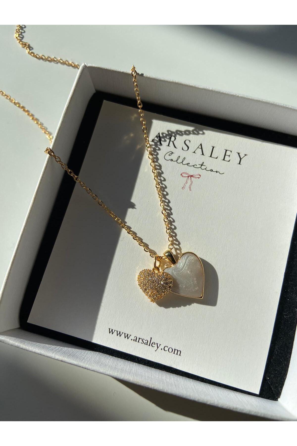 Taşlı Ve Sedefli Kalp Altın Kaplama Gold Charm Kolye - Detay Görseli 1