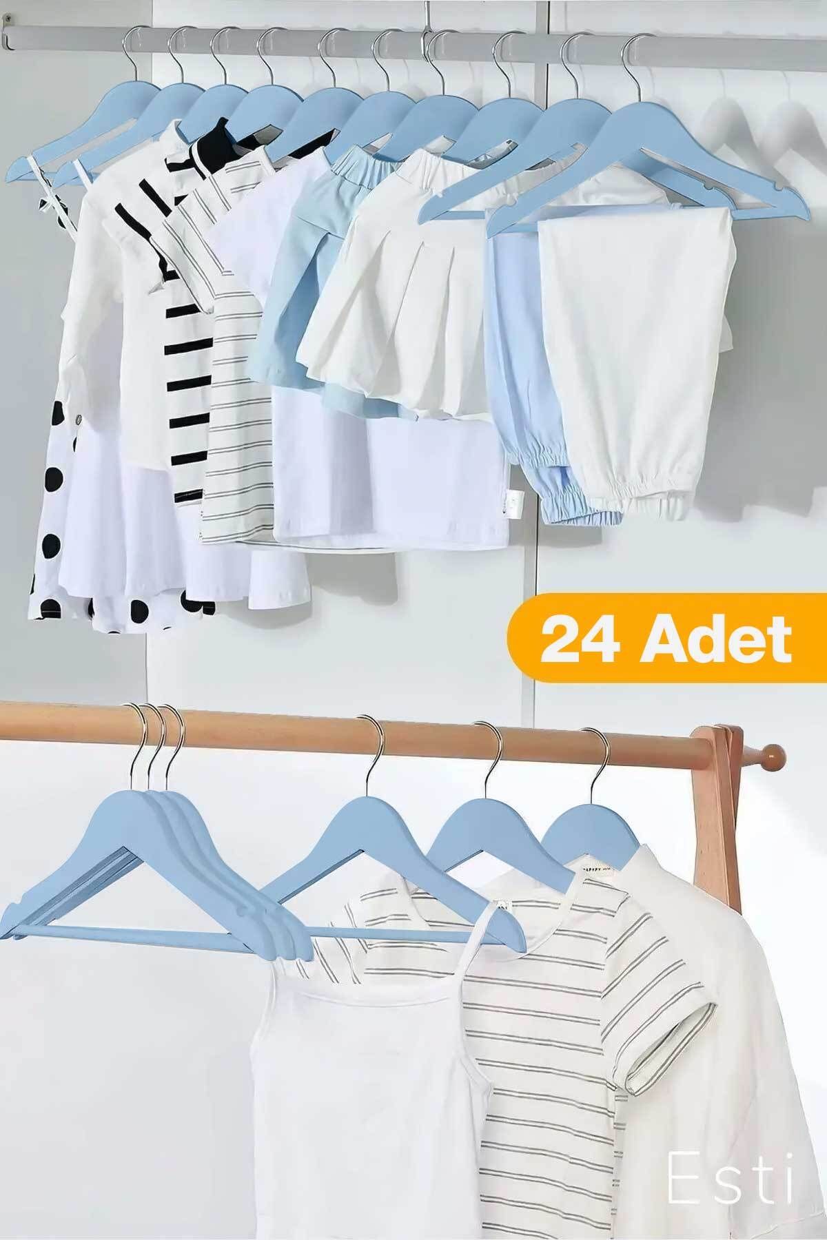 ESTİ-24 قطعة من ملابس الأطفال والرضع باللون الأزرق - مظهر خشبي، شماعات ملابس 1