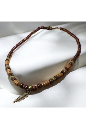 DEHNA Ahşap ve Metal Boncuklu Erkek Kolye Tüy Figürlü