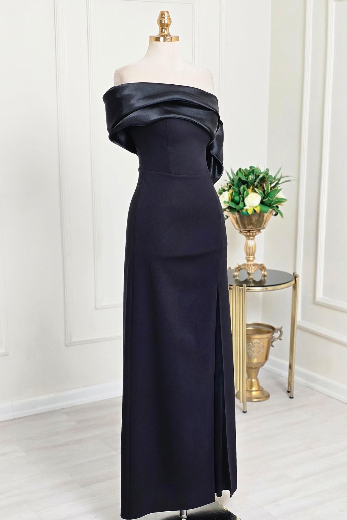 Yonca Moda Evi Siyah Asimetrik Krep Elbise 6589