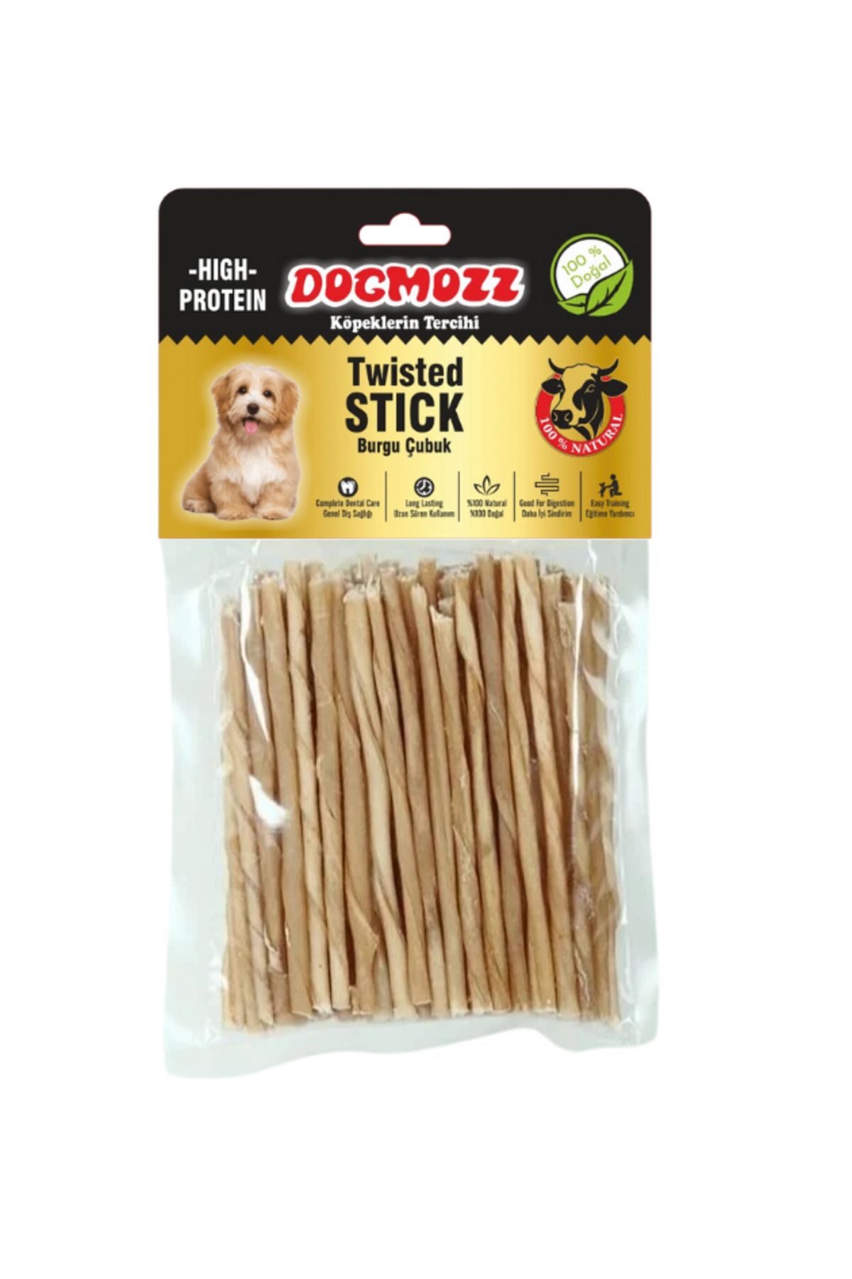 DogMozz Premium Deri Çubuk Burgu Stick Natural Kalın Boy Köpek Kemiği 50 Adet