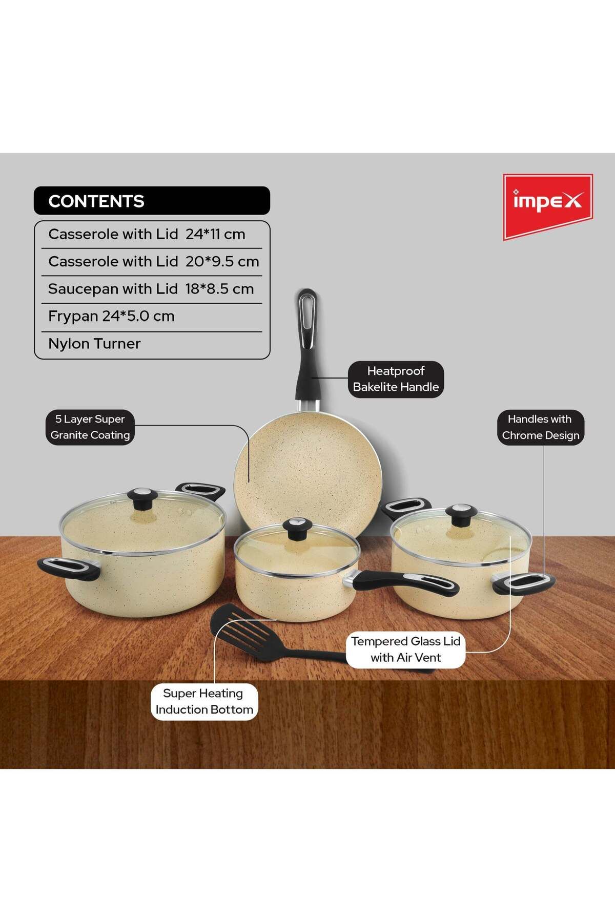 İMPEX-8pcs Cookware Set,5 Layer Granite Coating,Frypan 24cm,2 Saucepan withlid20&24cm,Milkpan withlid 18cm 7