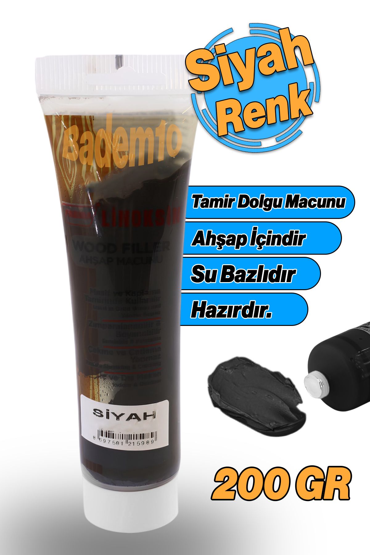 Badem10 Ahşap Parke Tamir Macunu Siyah Renk Mobilya Dolgu Çatlak Çizik Giderme 200 Gr Kullanıma Hazır Macun