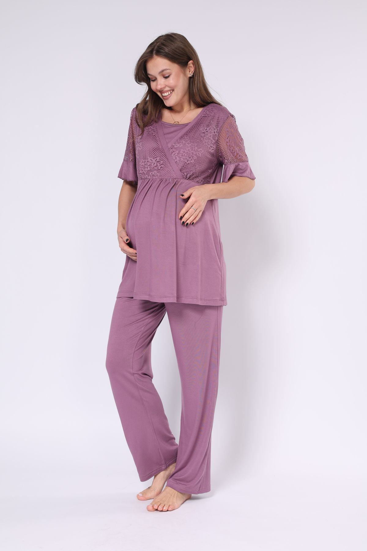 LOHOUSE-Plum Color Double Breasted Cut Lace Cotton 3-Piece Maternity and Dressing Gown Sleepwear Set 2