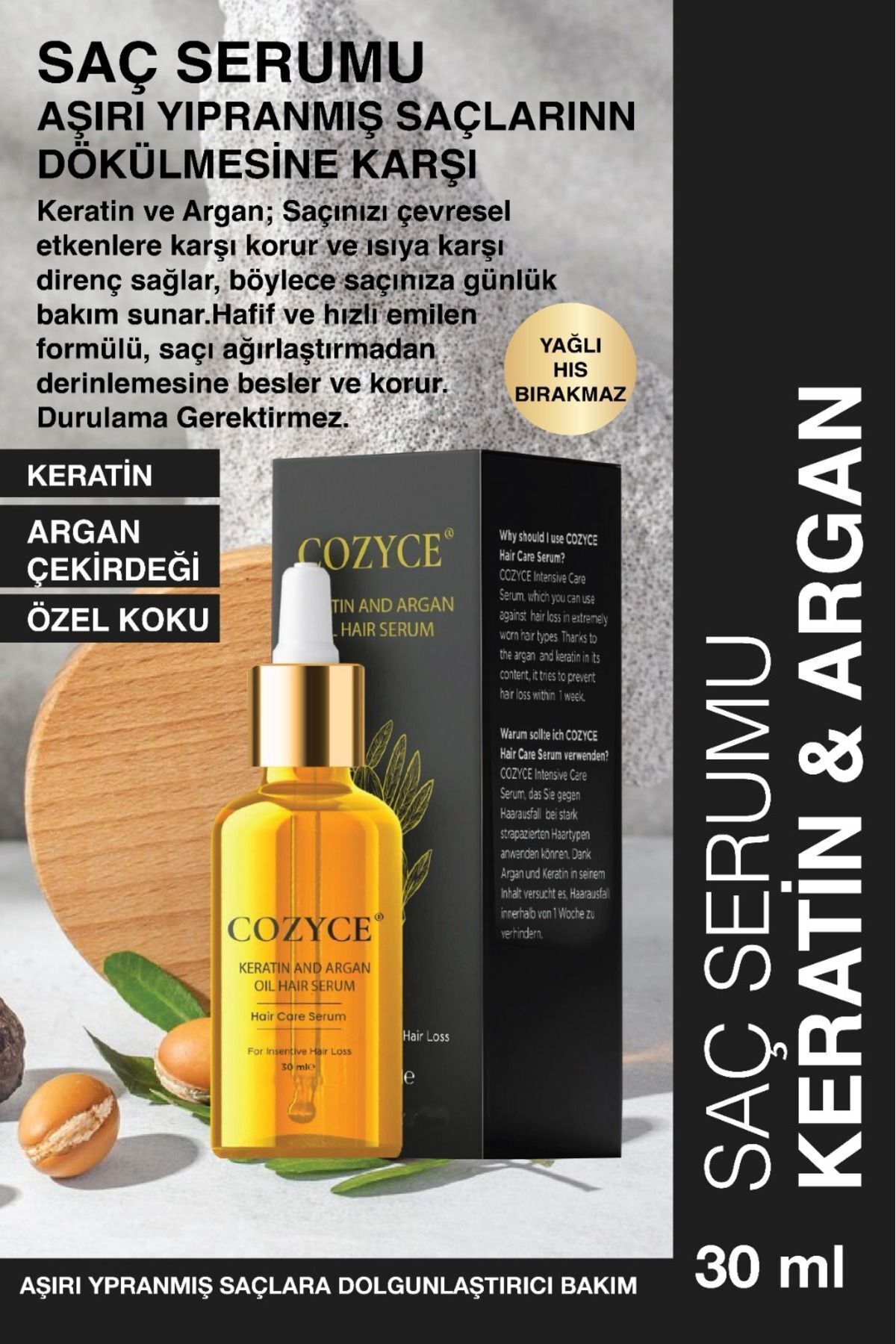 Cozyce Saç Serum Yağı Aşırı Yanmış Yıpranmış Saçlar Için Hızlı Uzatan Keratin & Argan Bakım Yağı 30 ml