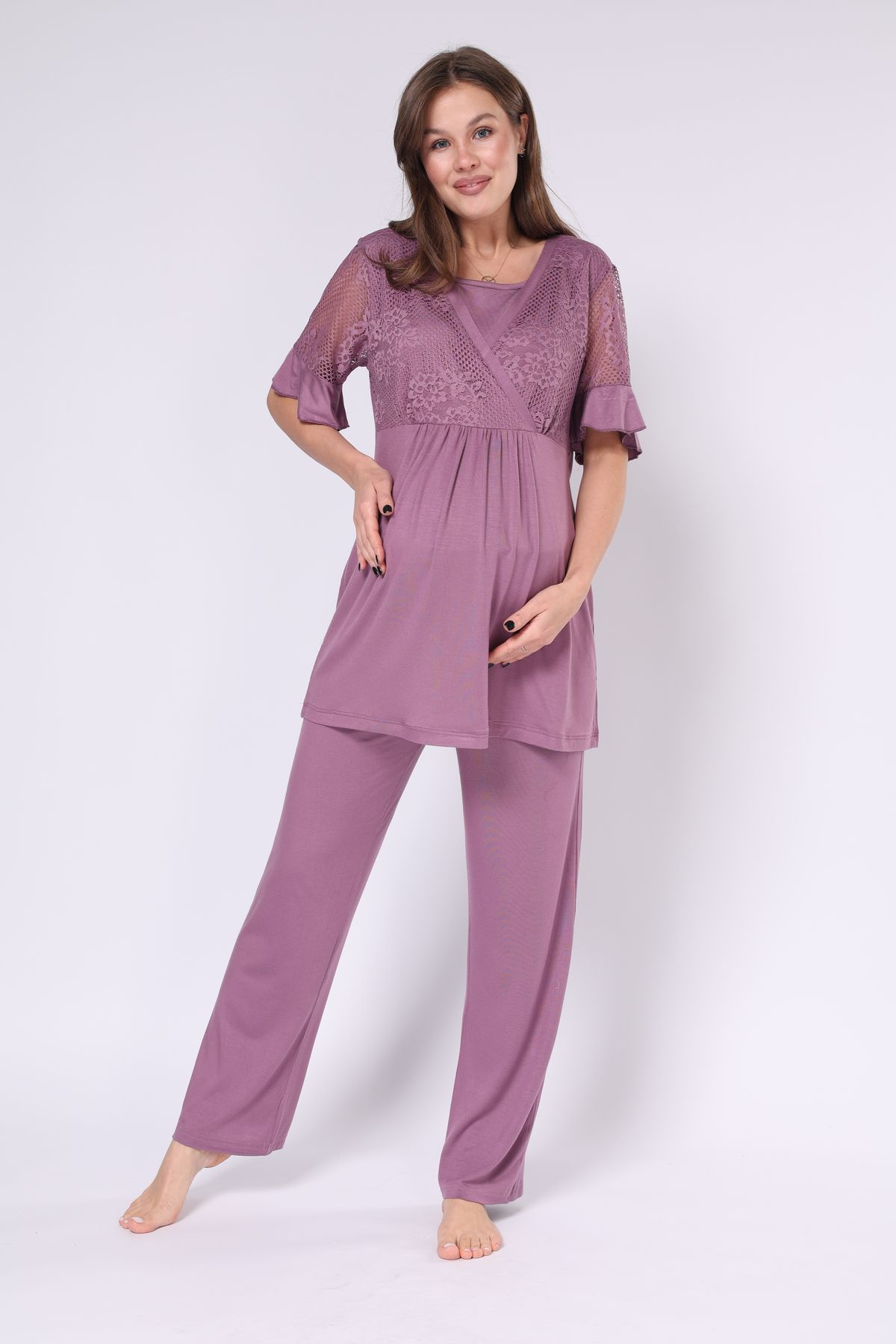 LOHOUSE-Plum Color Double Breasted Cut Lace Cotton 3-Piece Maternity and Dressing Gown Sleepwear Set 3