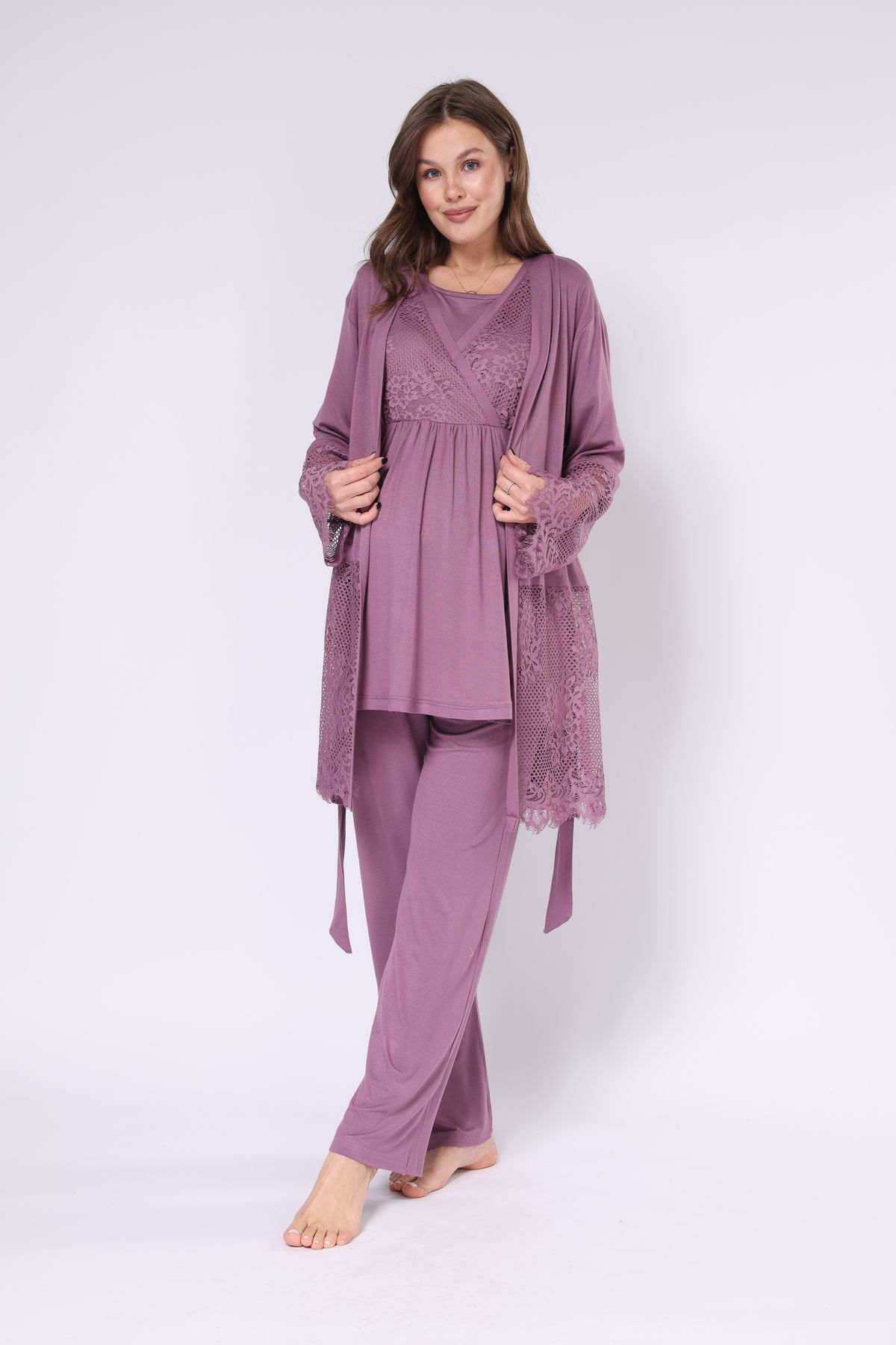 LOHOUSE-Plum Color Double Breasted Cut Lace Cotton 3-Piece Maternity and Dressing Gown Sleepwear Set 1