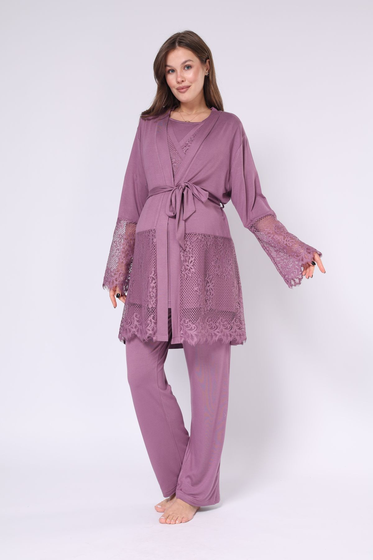 LOHOUSE-Plum Color Double Breasted Cut Lace Cotton 3-Piece Maternity and Dressing Gown Sleepwear Set 4