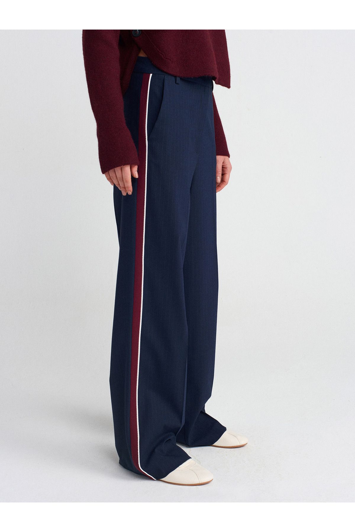 Dilvin-71569 Pantaloni drapați cu dungi laterale-albastru închis 3