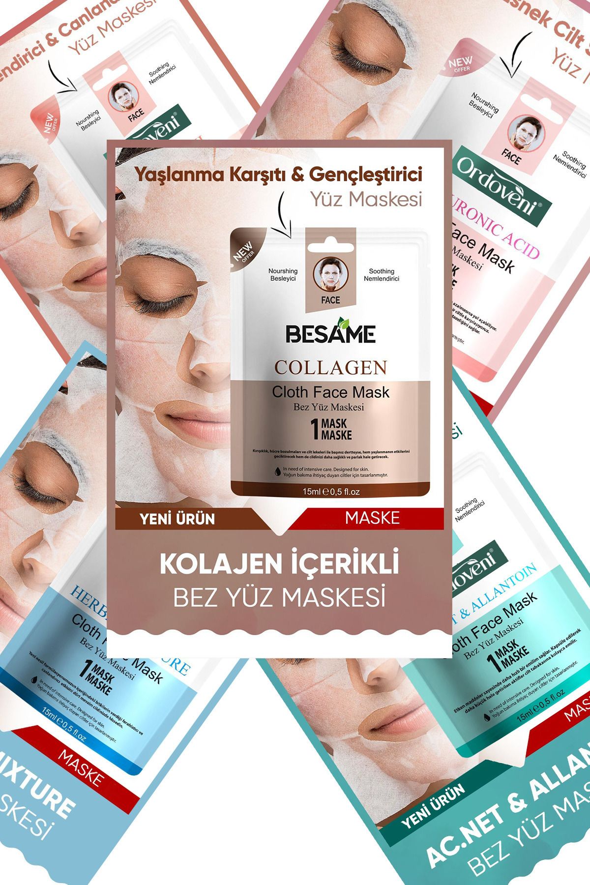 OrdoVeni 5'Lİ Karışık Yüz Maskesi - Kolajen & Hyaluronik Asit & Somon Yağı & Herbal Mixture & Ac. All