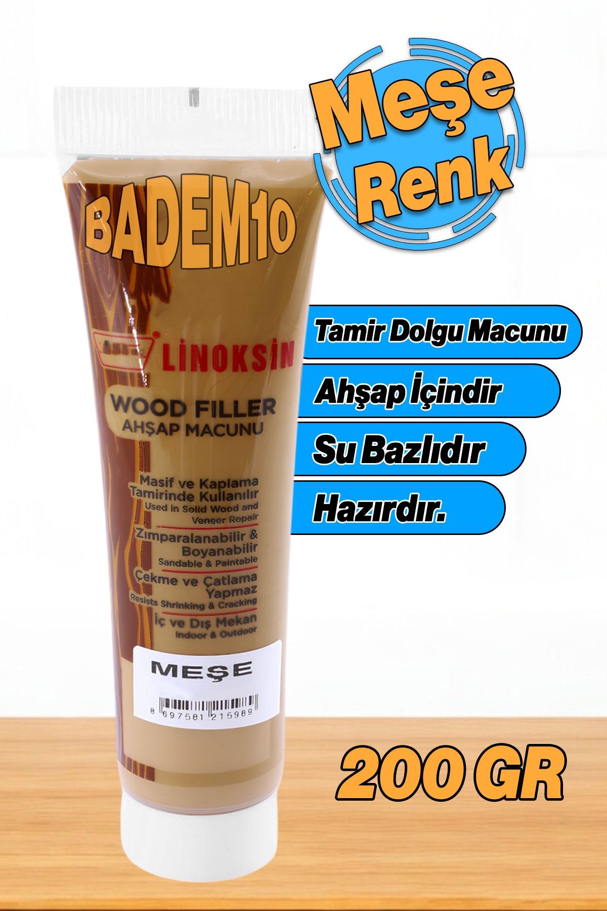 Badem10 Ahşap Parke Tamir Macunu Meşe Renk Mobilya Dolgu Çatlak Çizik Giderme 200 Gr Kullanıma Hazır Macun