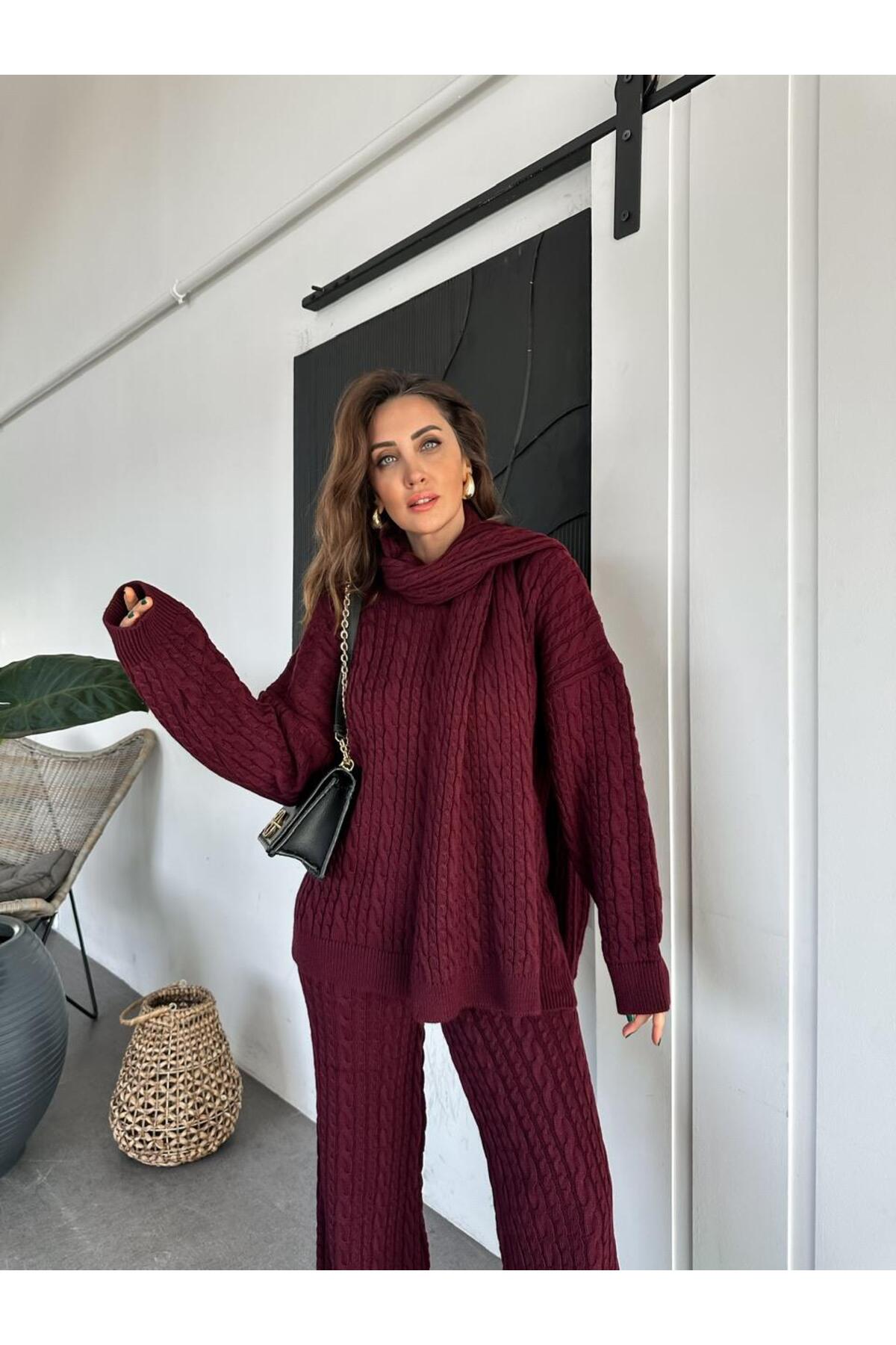 Ensemble Bordeaux avec écharpe tressée en cheveux - Görsel 6