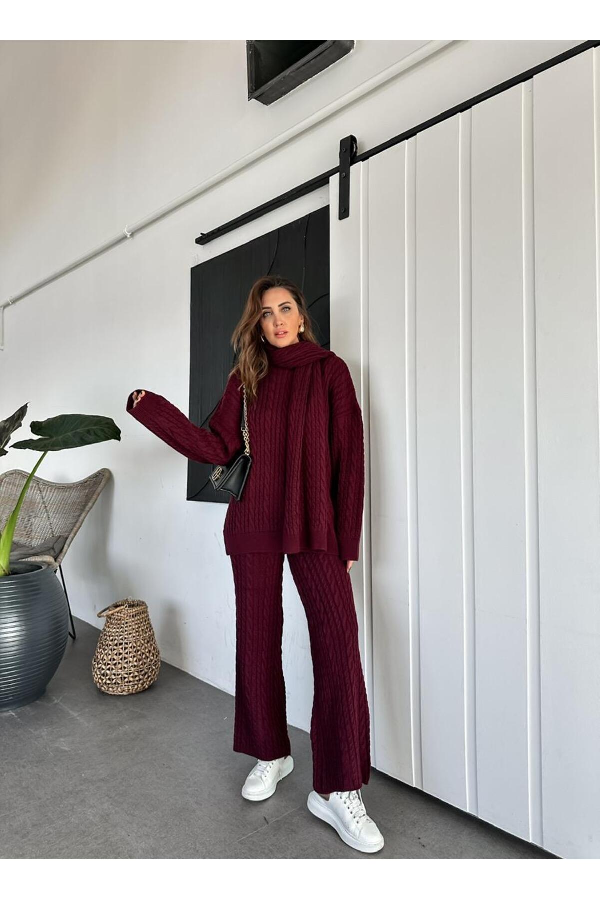 Ensemble Bordeaux avec écharpe tressée en cheveux - Görsel 5