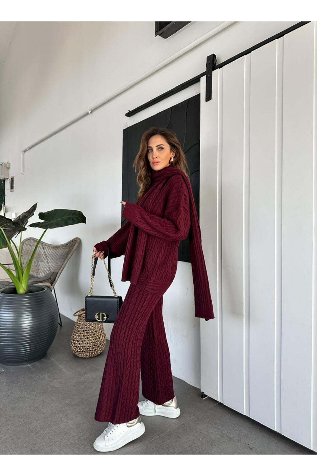 Ensemble Bordeaux avec écharpe tressée en cheveux - Görsel 3