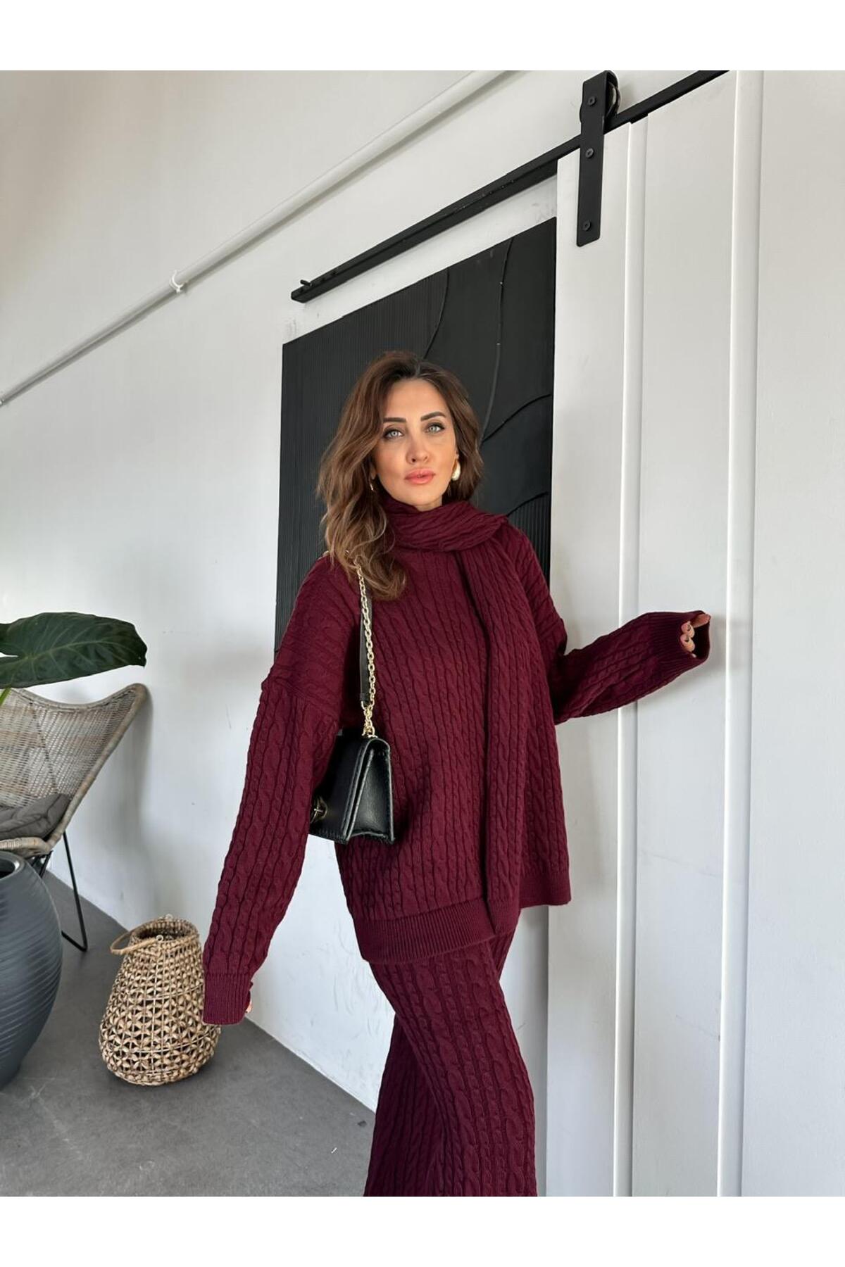 Ensemble Bordeaux avec écharpe tressée en cheveux - Görsel 8