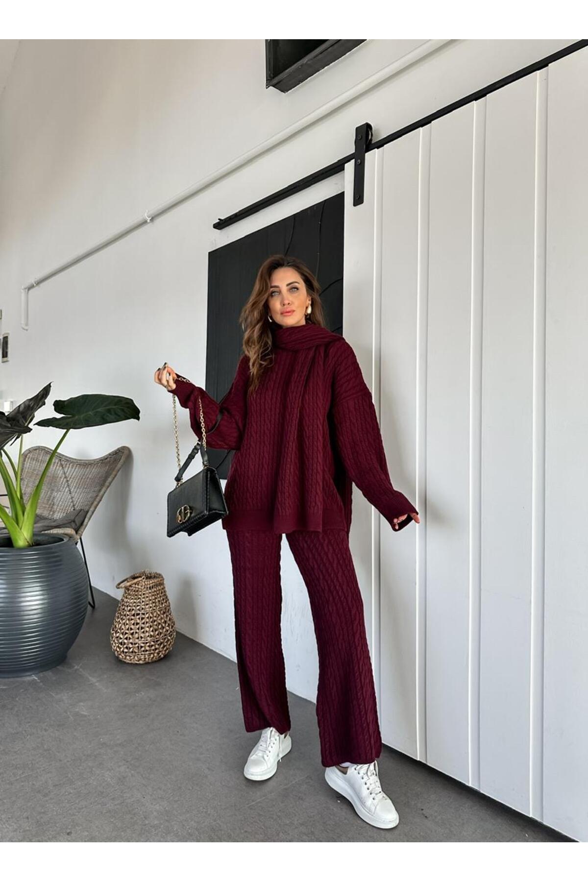 Ensemble Bordeaux avec écharpe tressée en cheveux - Görsel 4