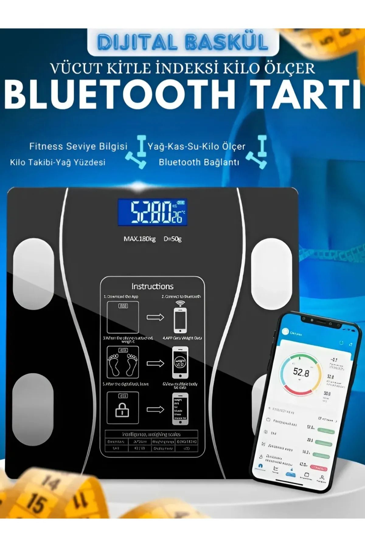 KALİTESENİNLE LCD Banyo Baskül Akıllı Tartı Yağ Su Kas Ölçümü Vücut Kitle Endeksi Bluetooth Kilo Ölçer Tartı