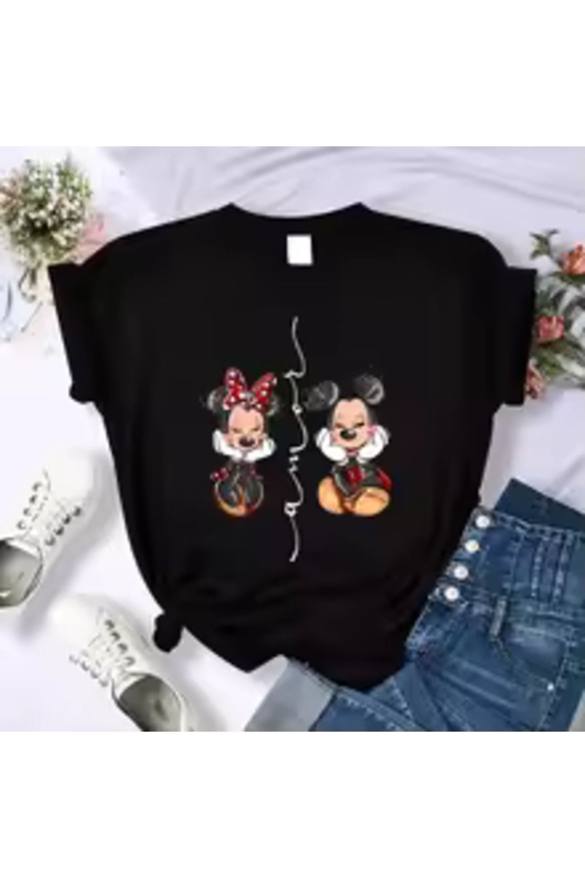 Boi Mickey Tasarım Tişörtler- Oversize Bol Kalıp Günlük Pamuklu Siyah T-shirt