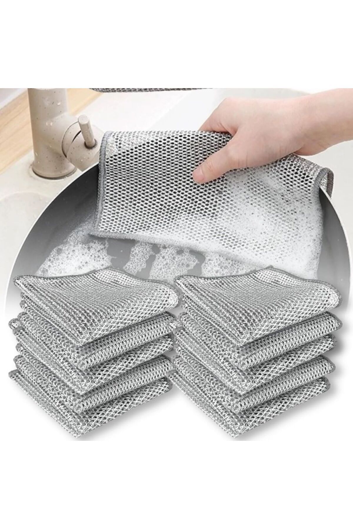 Eom 2 Adet Çift Katlı Çok Amaçlı Mucize Mikrofiber Inox Bez Telli Bulaşık Bezi, Mutfak Banyo Bezi