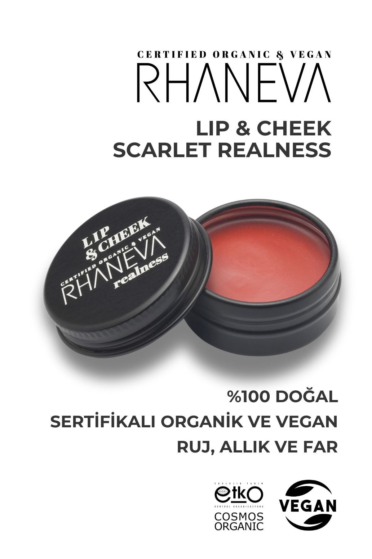 RHANEVA Lip and Cheek Scarlet Realness, Organik ve Vegan Sertifikalı, 9 gr