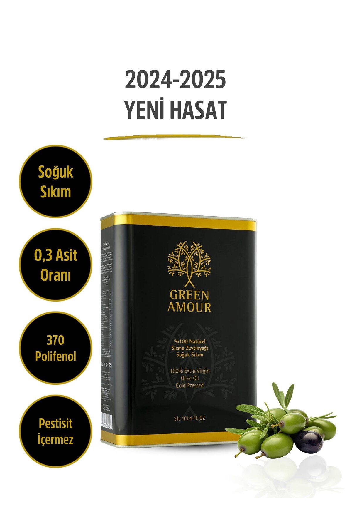 Green Amour Soğuk Sıkım %100 Natürel Sızma Zeytinyağı -düşük Asit - 3 Litre