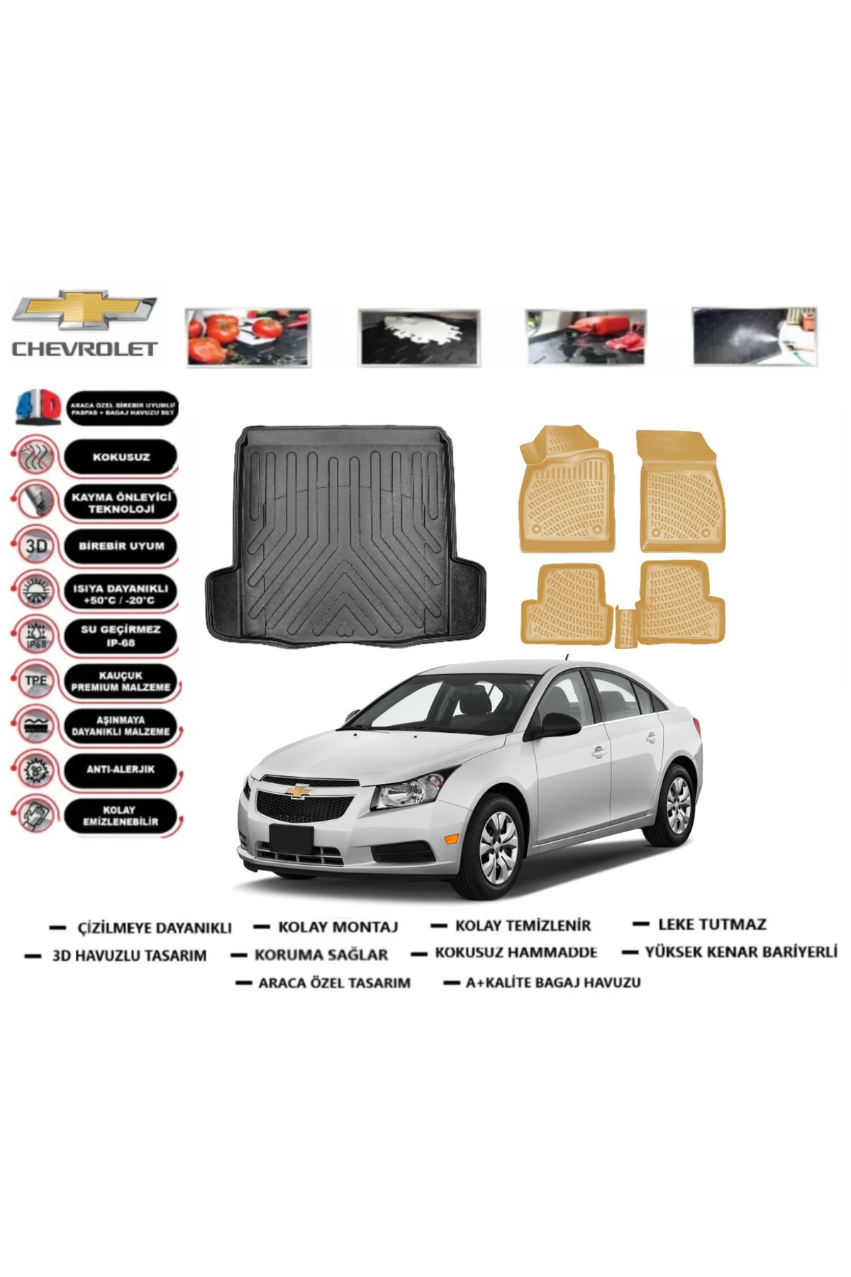 ko kaliteoto Chevrolet Cruze Sedan Çift Kulak 2013 Model Bagaj Havuz Paspası+Araca Özel Bej Paspas Takımı PRO