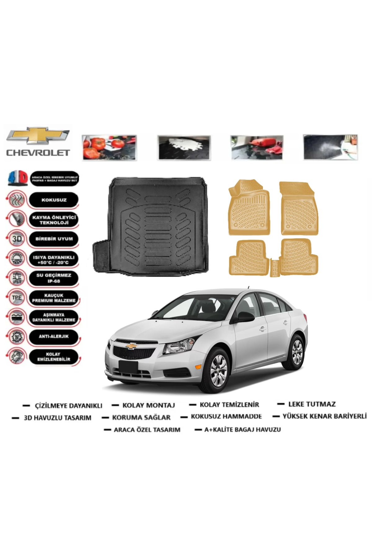 ko kaliteoto Chevrolet Cruze Sedan Tek Kulak 2011 Model Bagaj Havuzu+Araca Özel Bej Paspas Takımı Flex