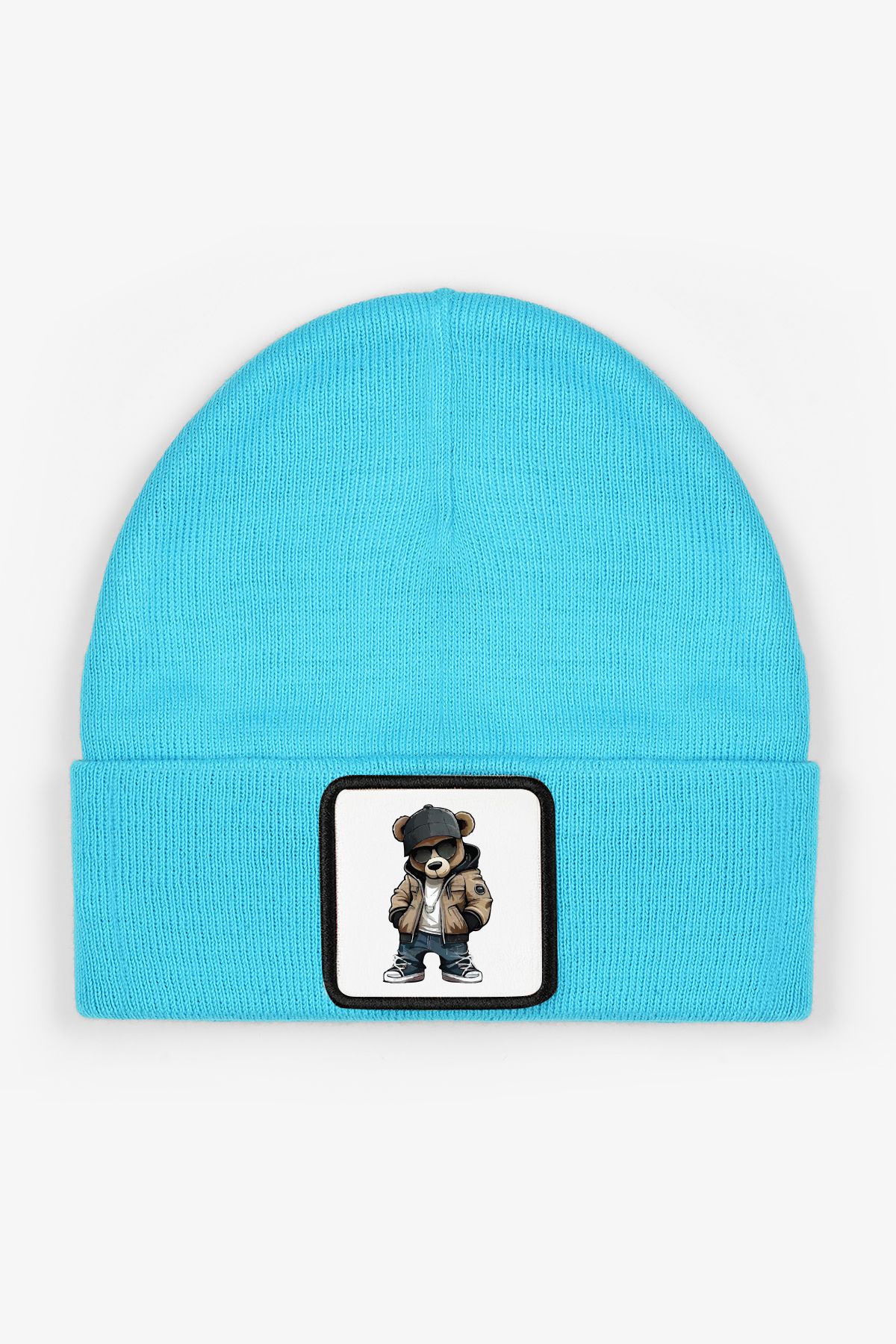 CraftID-Bear with Glasses Turquoise 100% Acrylic Unisex Beanie with Interchangeable Patch 1