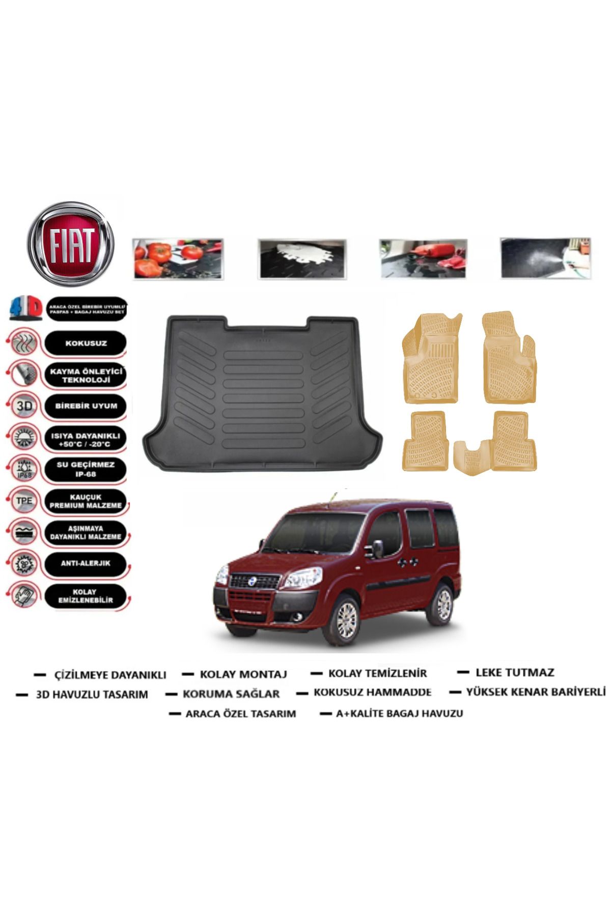 ko kaliteoto Fiat Doblo 2008 Model Bagaj Havuzu(paspası)+Araca Özel Bej Paspas Takımı Flex