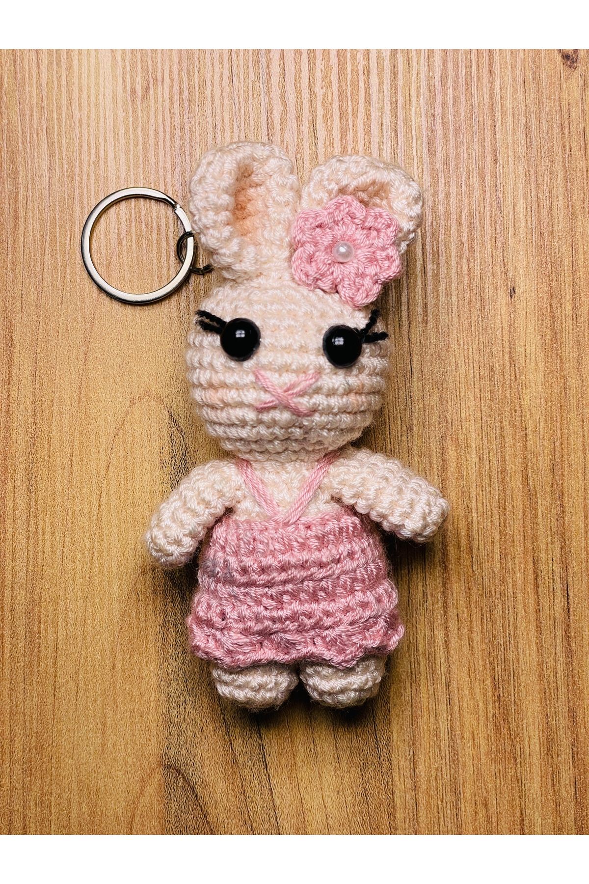 Demark Amigurumi Çiçekli Pembe Tavşancık Anahtarlık