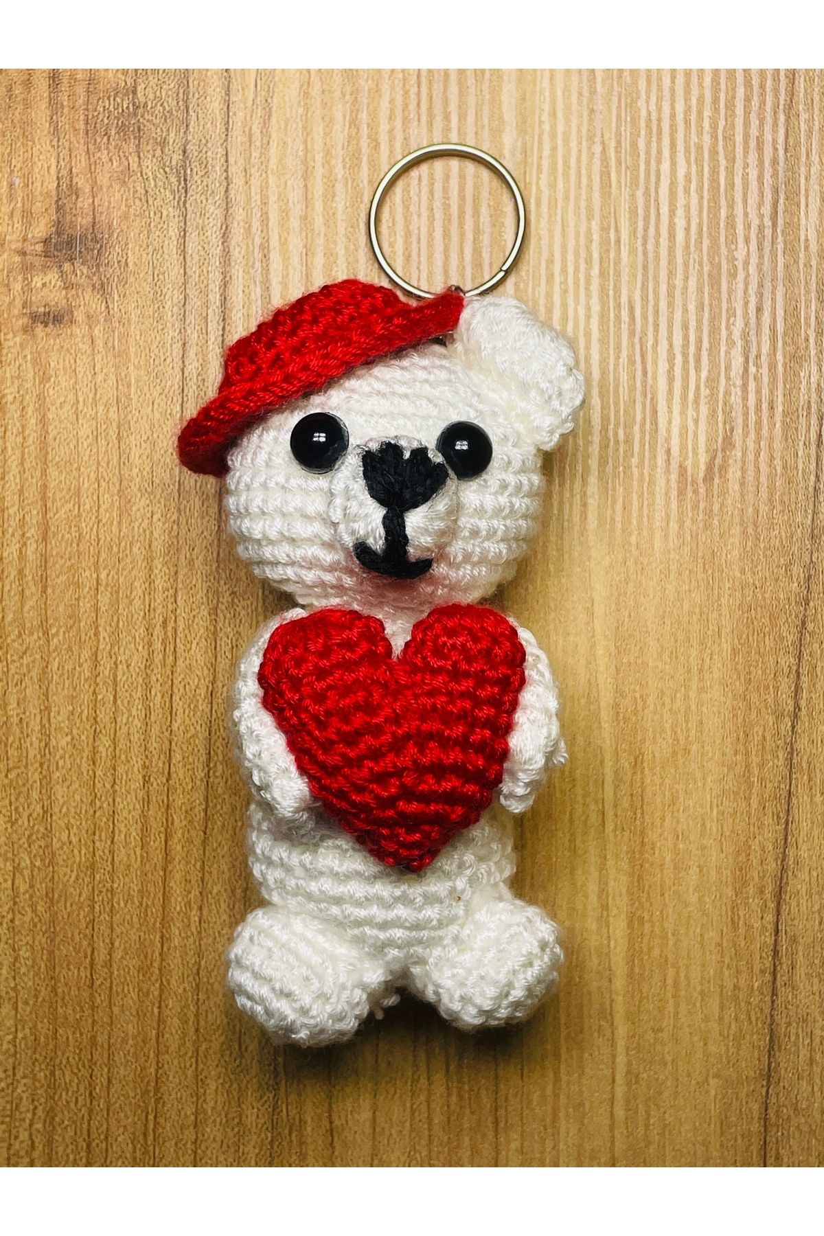 Demark Amigurumi Şapkalı Kalpli Beyaz Anahtarlık