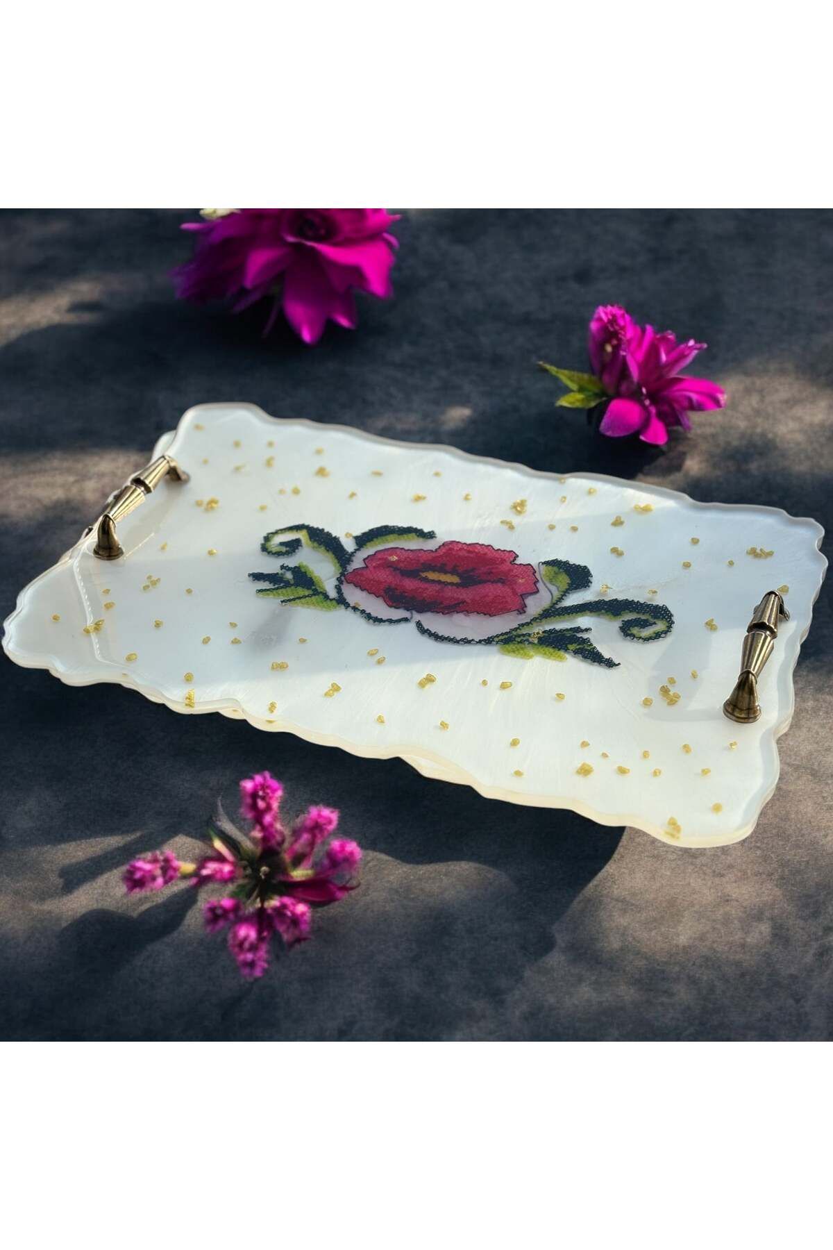 Home-Red Floral Pattern Epoxy Resin Tray - 21 cm Width, 35 cm Length 3