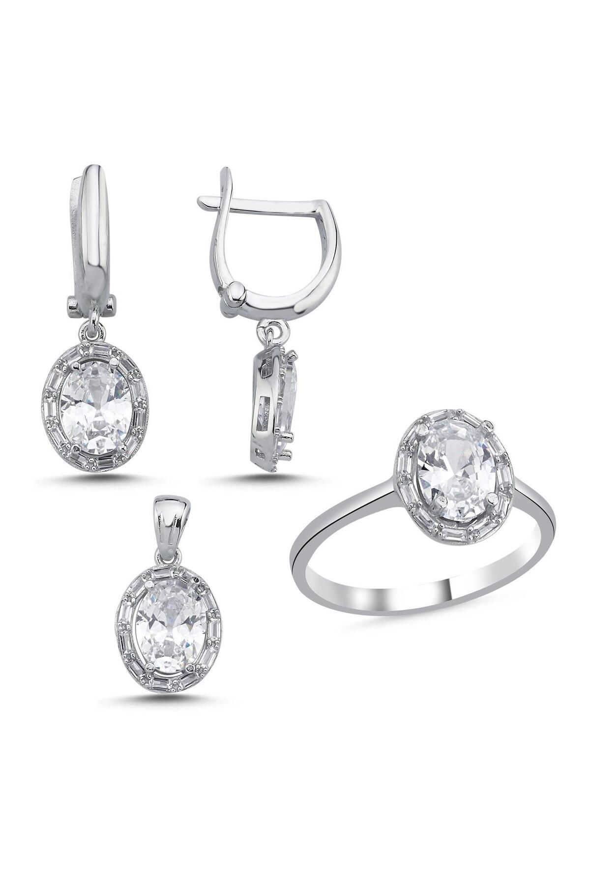 Ceyjewelry Oval Kesim & Halo Baget Zirkon Taşlı Set 925 Ayar