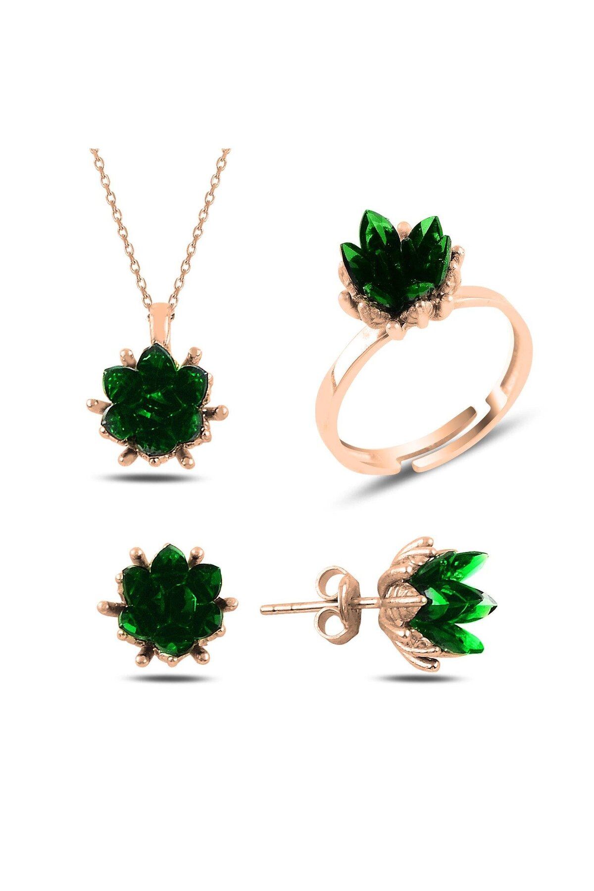 Ceyjewelry Lotus Çiçeği Zümrüt Zirkon Taşlı Set 925 Ayar