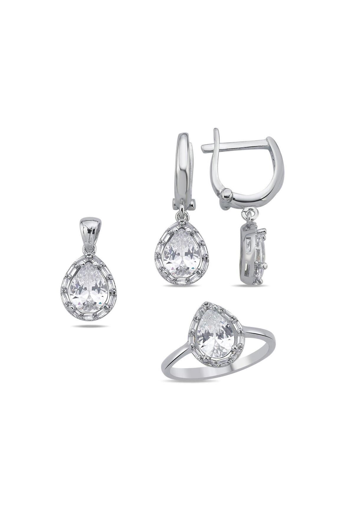 Ceyjewelry Damla & Halo Baget Zirkon Taşlı Set 925 Ayar