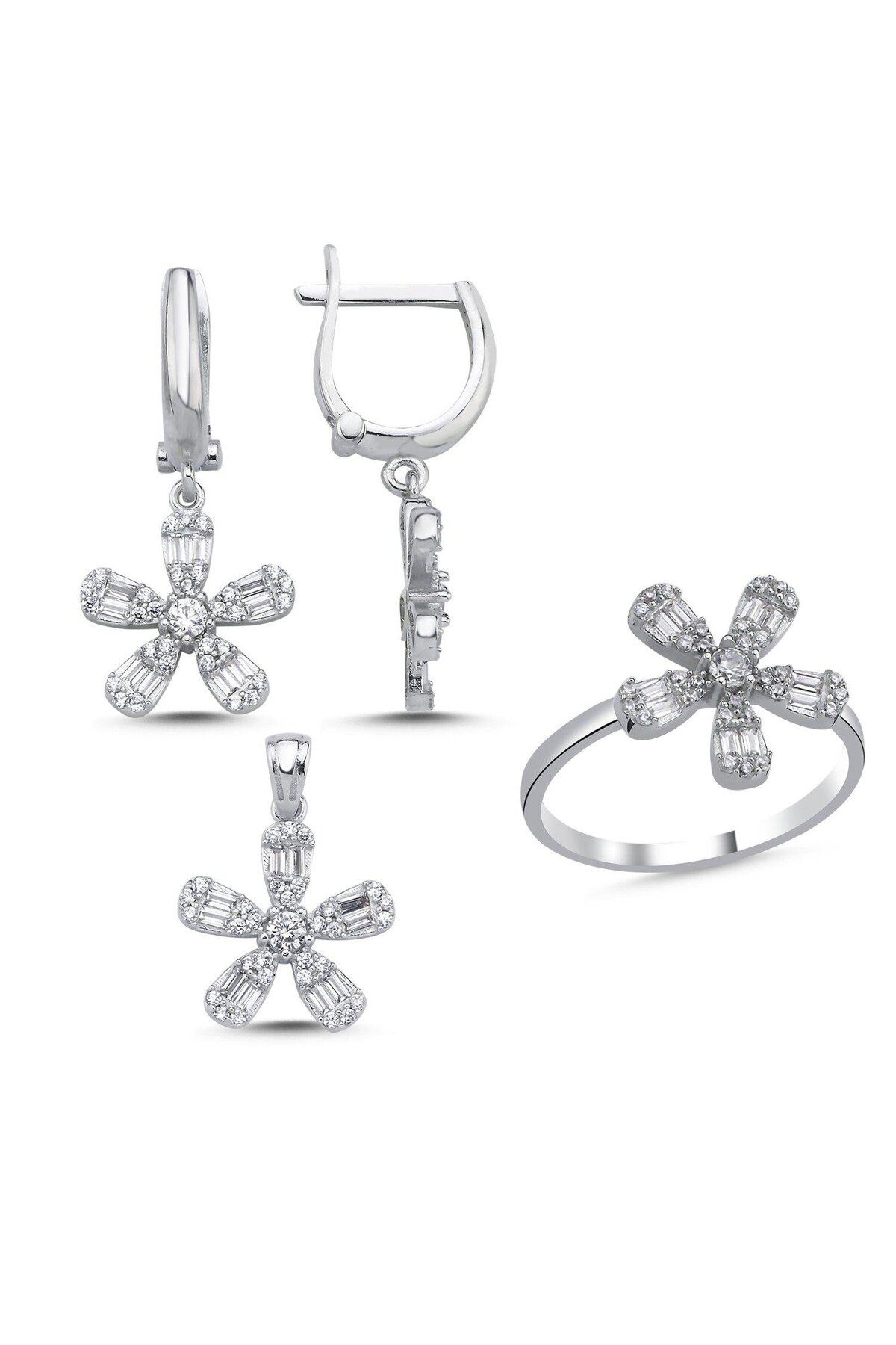 Ceyjewelry Çiçek Baget Zirkon Taşlı Set 925 Ayar