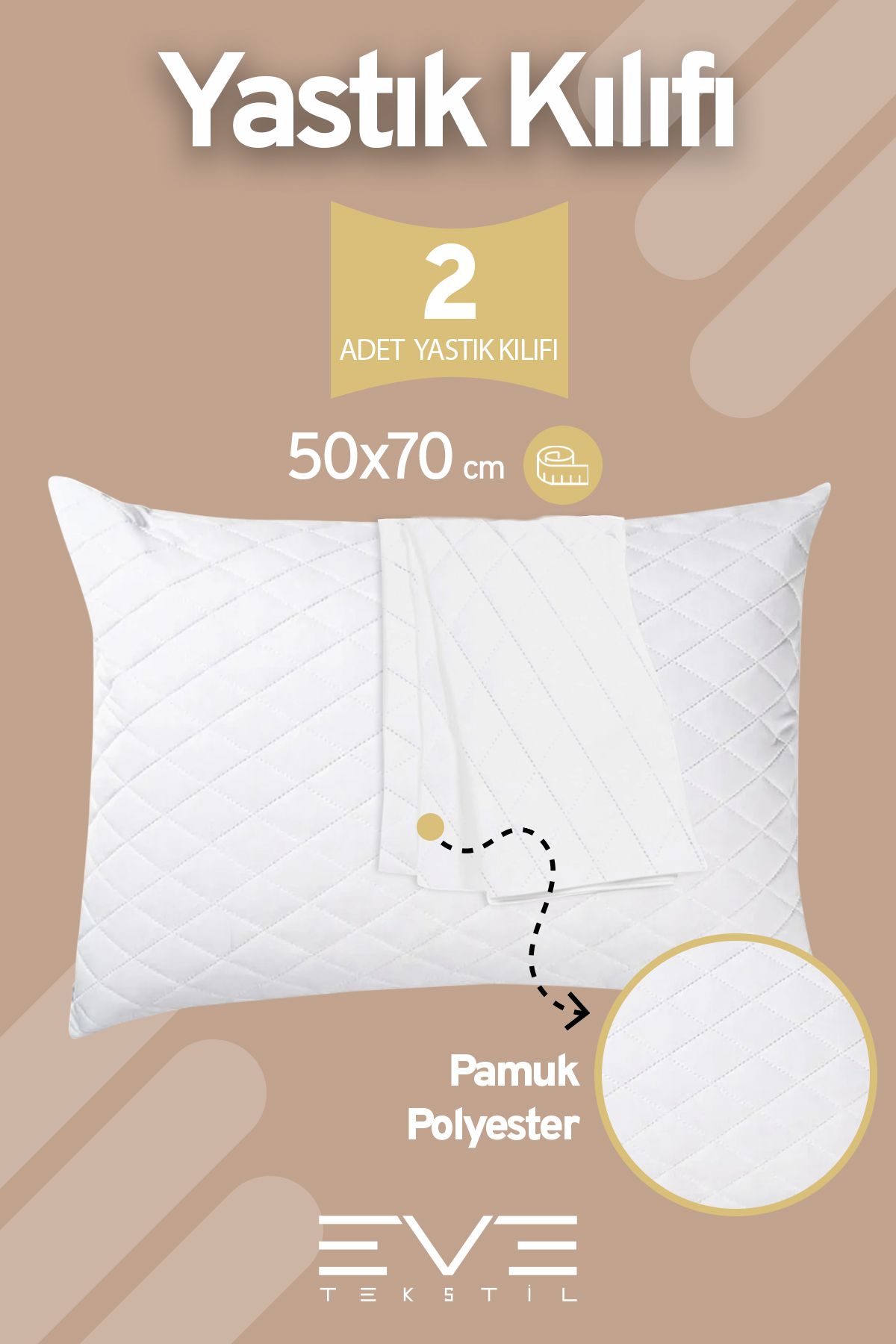 Eve Tekstil 2 Adet Diamon Kapitone Antibakteriyel Fermuarlı Yıkanabilir Otel Lüks Yastık Kılıfı 50x70cm