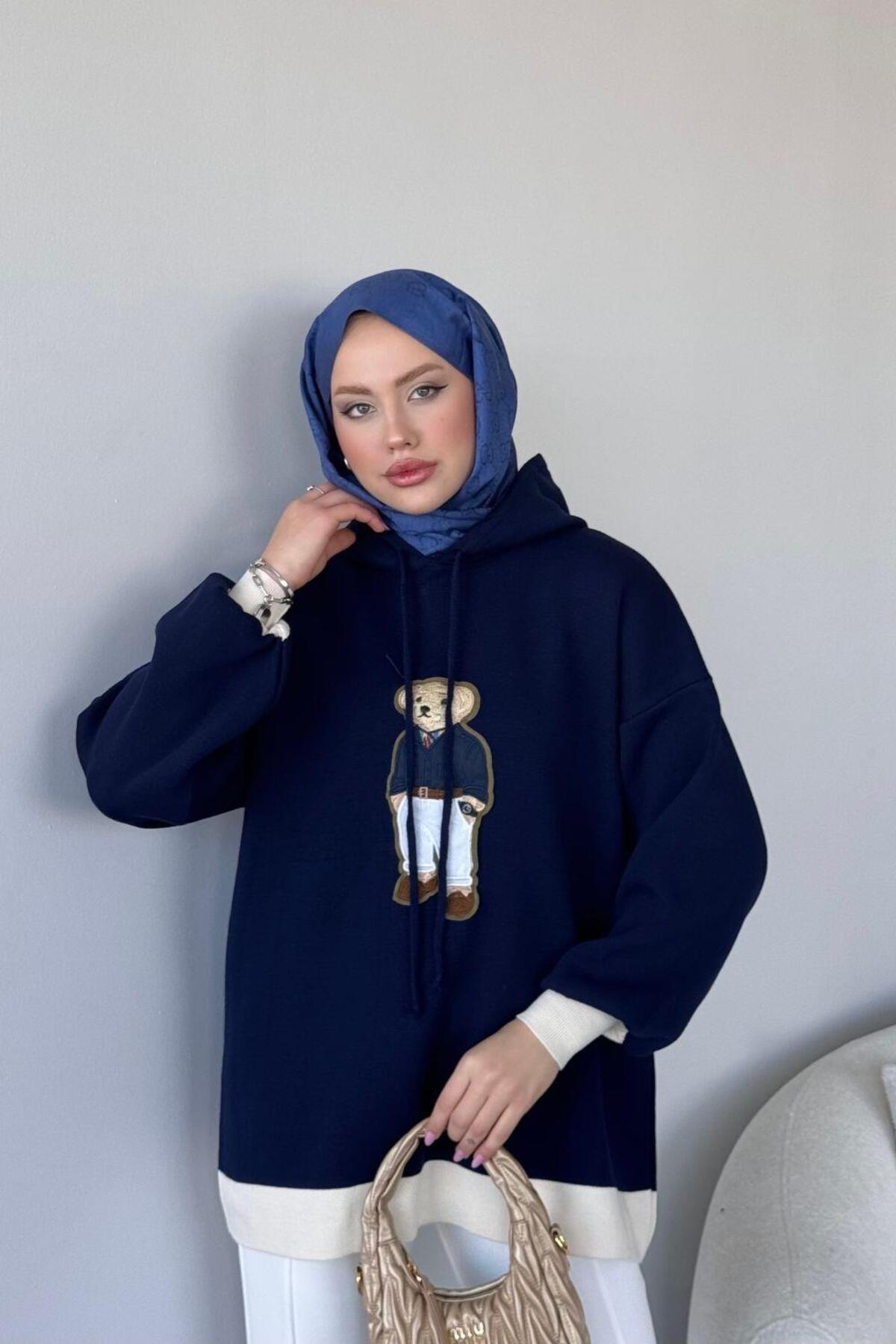 Şulemoda Giyim Kapşonlu Ayıcıklı Sweat Koyu Lacivert