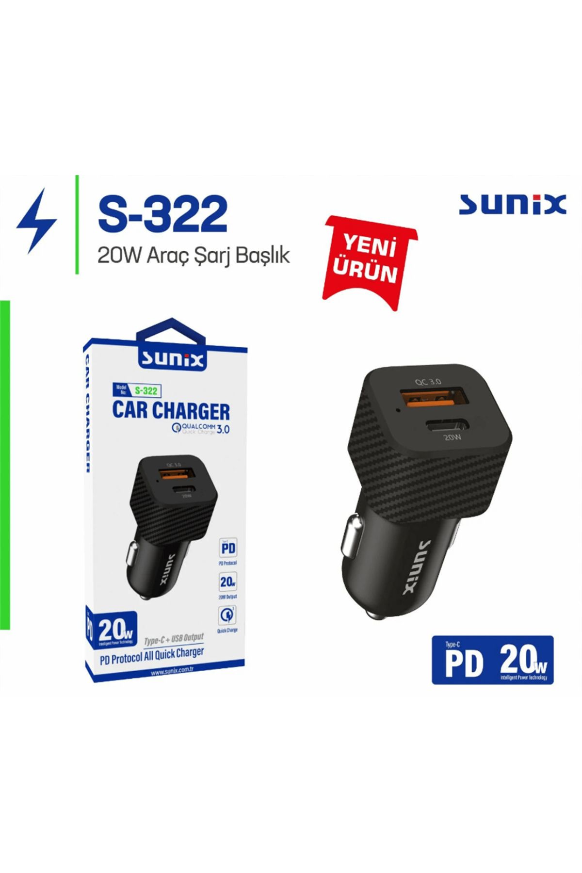 SUNPLEX PD 20W Hızlı Şarj Araç Şarj Başlık S-322 Siyah