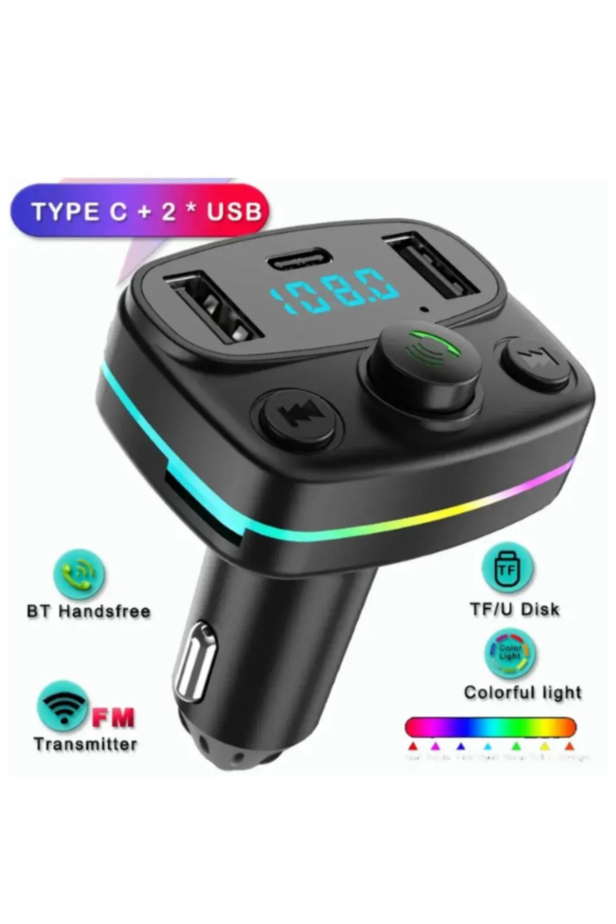 TRM Fm Transmitter 5.0 Led Işıklı Bluetooth Araç Kiti Usb Mp3 Sd Kart Çakmaklık Girişli Oto Müzik Çalar